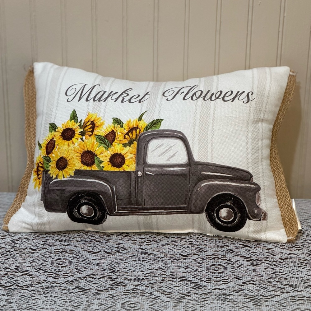 Farmers Market Flowers Truck Pillow Burlap Trim Sunflowers Floral Cottagecore